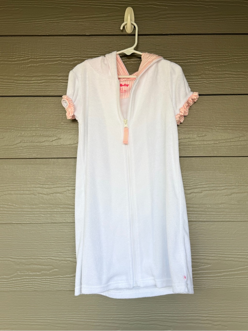 Ruffle Butts White Terry Hooded Swim Cover with Pink Trim Size 6